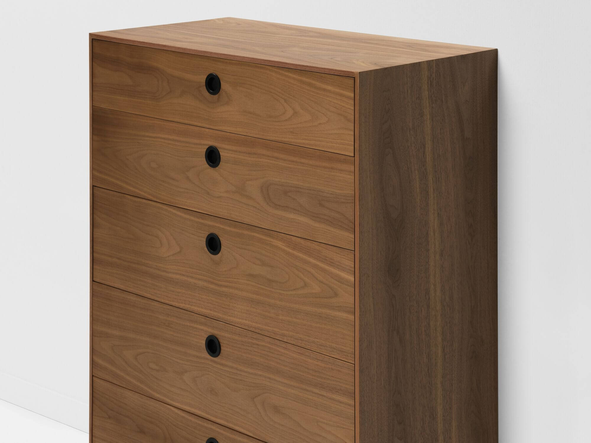 Walnut mid century floating chest of drawers detail side view